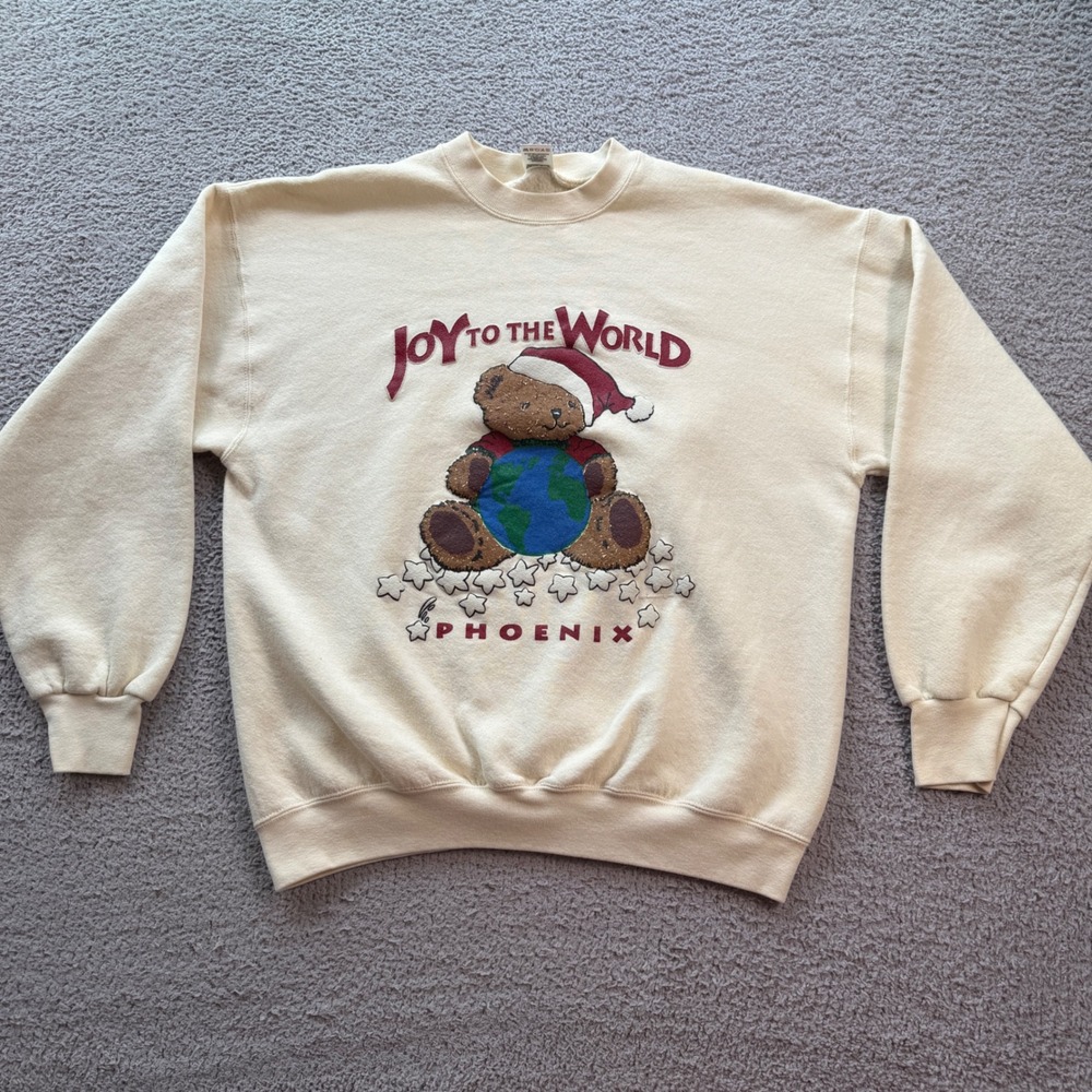 Vintage 90s Fruit of the Loom Phoenix Joy to the World Bear Sweatshirt L Cream